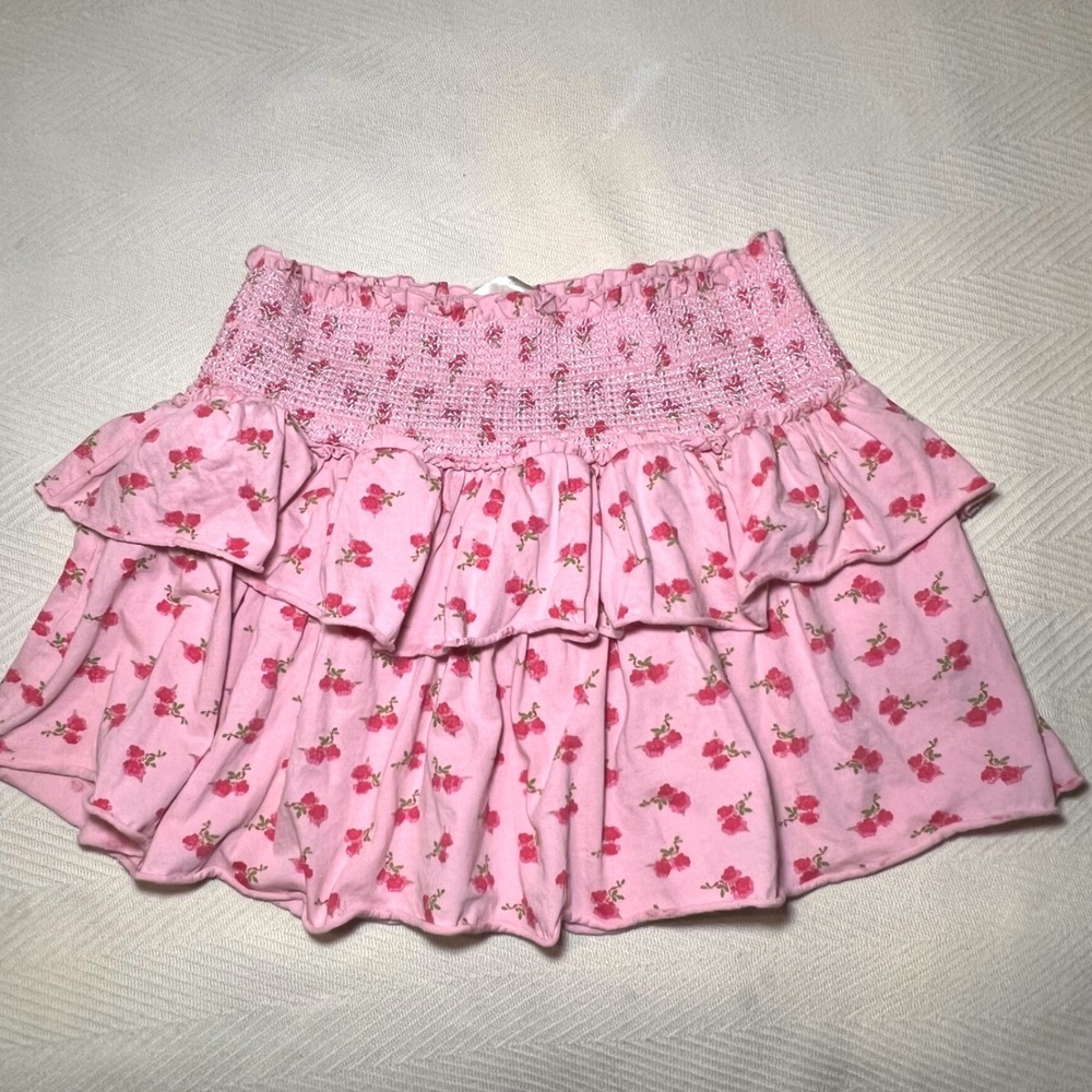 LoveShackFancy Pink Floral Smocked Ruffle Mini Skirt Tiered Skater Skirt Small - Picture 2 of 5